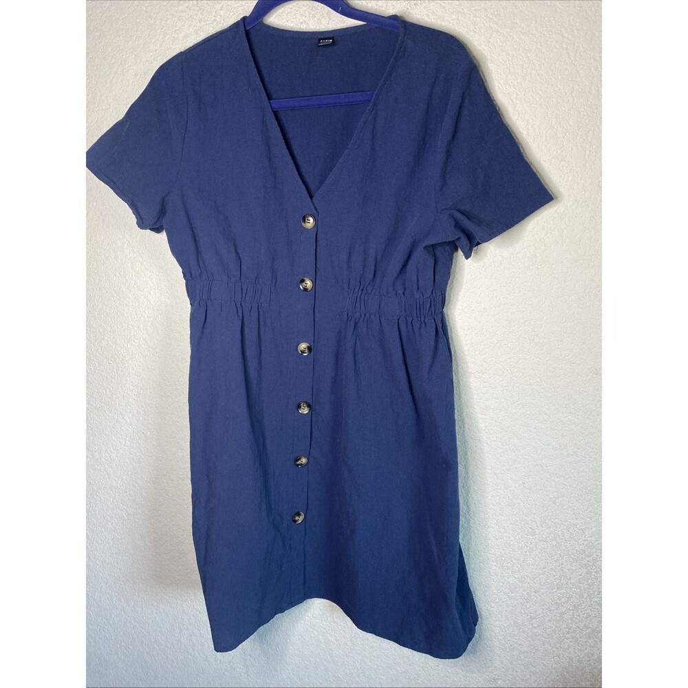 Womens Midi Button Front  Dress V Neck Cinch Waist L Blue Chore Lagen Cottage